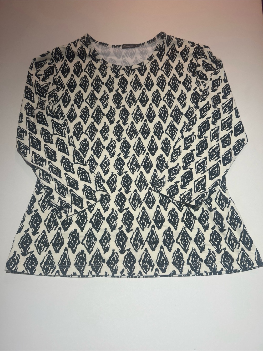 J. McLaughlin Catalina Cloth Black White Diamond Crewneck 3/4 Sleeve Top Size M